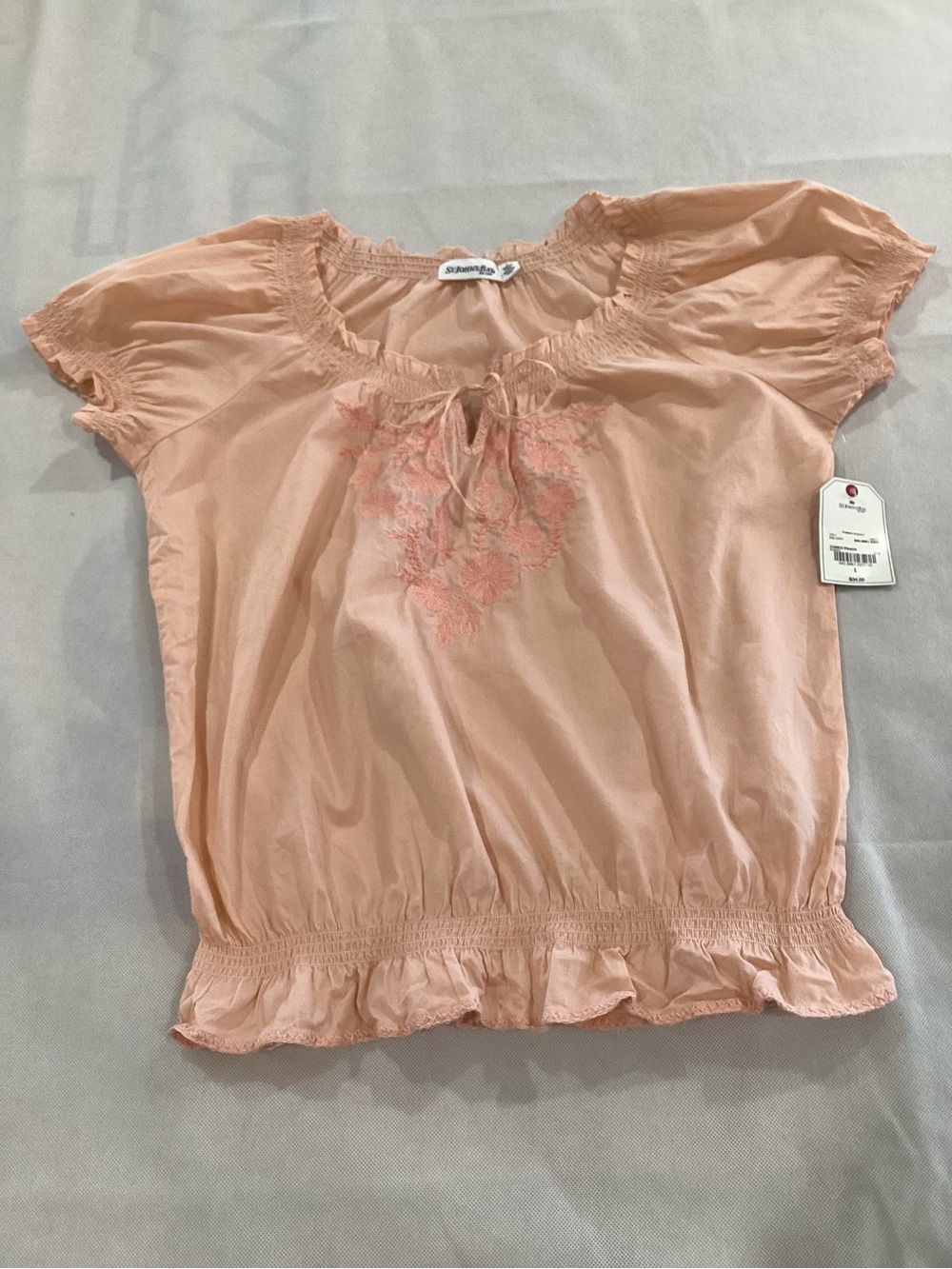 St. John's Bay Peach Embroidered Tie-Neck Peasant 100% cotton Top size L 9/20
